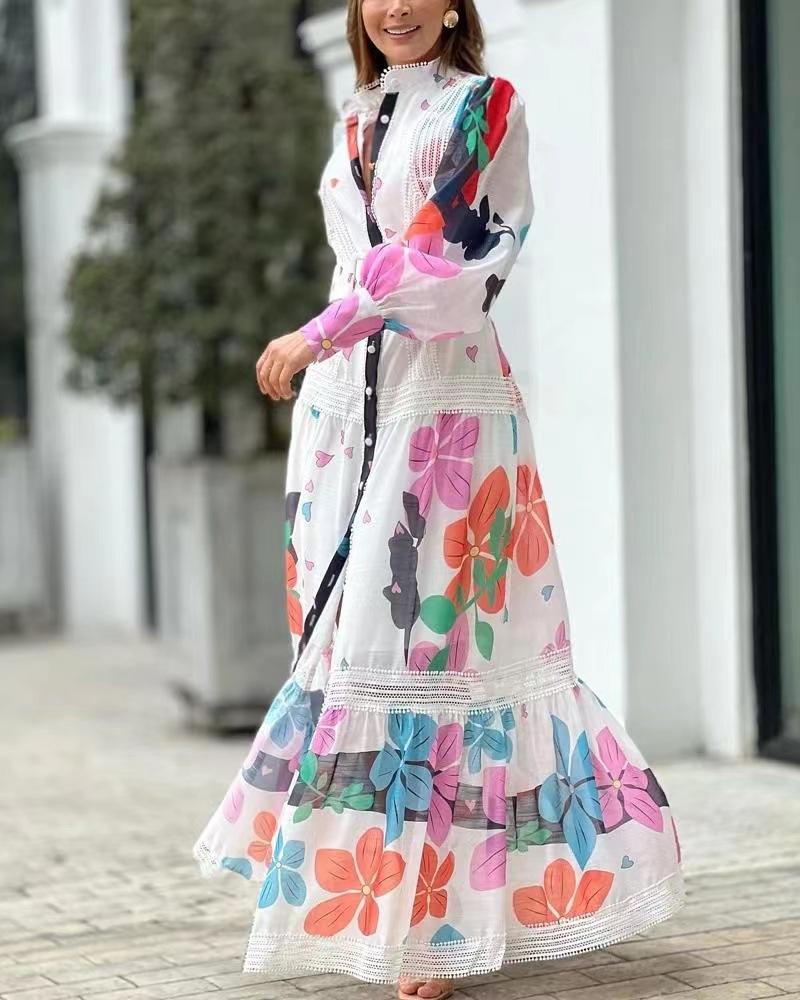 Wholesale Autumn Winter Elegant Long Dress Women Long Sleeve Floral Maxi  Dress