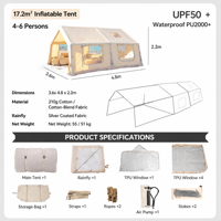 Tente gonflable en PVC de 17,2 mètres carrés, gonflage automatique, imperméable, protection UV, grand espace, camping en plein air, portable