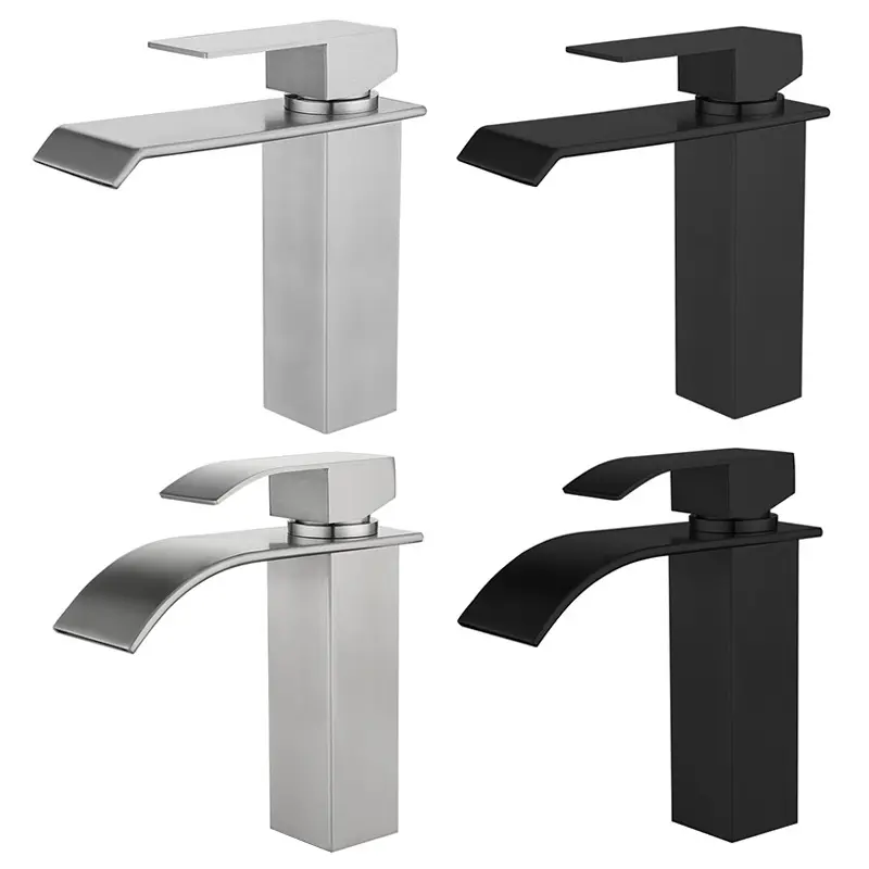 Modern Black Stainless Steel Square Bathroom Faucet Waterfall Basin Faucet with Cold Hot Mixer Crane Sink Tap for Bathrooms