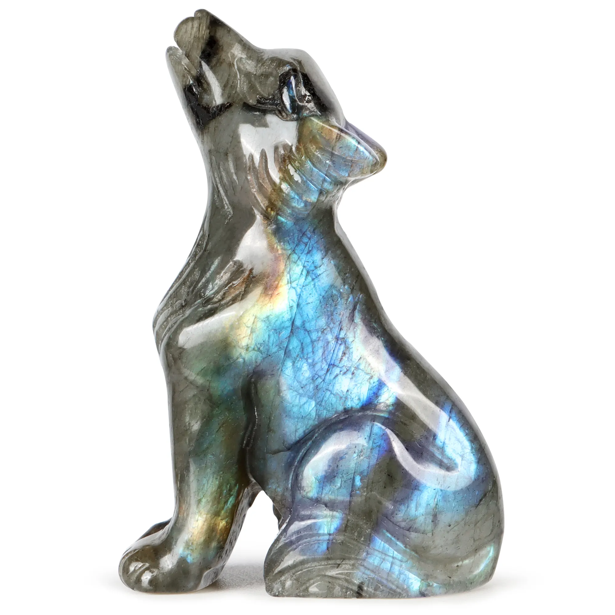 クリスタル卸売ラブラドライトオオカミ像手彫り宝石置物小動物彫刻クラフト家の装飾ギフト