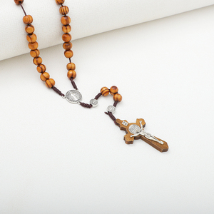 2024 cattolico rosario rotondo perline di legno fatte a mano linea cristiana Vintage croce ornamento lungo <span class=keywords><strong>corda</strong></span> rosario collana - Product Image 2