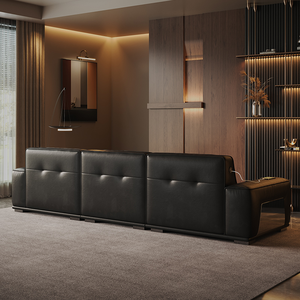 Divano Minimalista Italiano in Pelle Pieno Fiore, Configurazione Lineare Nera Audace, Linee Architettoniche Pulite, Seduta di Lusso - Product Image 3