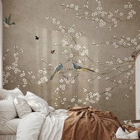 Papier peint imprimé moderne personnalisé en soie, style chinoiserie, avec des motifs de fleurs asiatiques, d'oiseaux, de rayures et de carreaux, imperméable et antistatique, pour le salon
