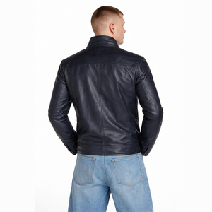 Veste en cuir pour <span class=keywords><strong>homme</strong></span> - <span class=keywords><strong>Bleu</strong></span> marine, col montant classique, style motard, coupe ajustée, streetwear décontracté - Logo personnalisé - Product Image 3
