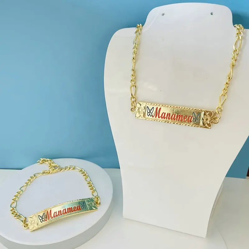 Personalized ID bracelet name bar necklace set Hawaiian customize Plumeria floral rope chain for woman gold filled birthday gift