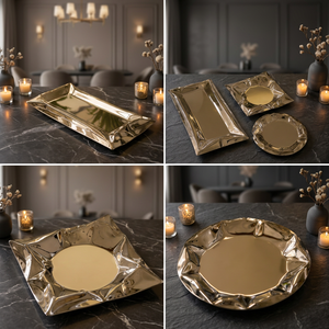 Ensemble de plateaux décoratifs de luxe en acier inoxydable, design à bords bruts, assiettes de service rectangulaires, écologiques, compatibles lave-vaisselle, pour table - Product Image 6