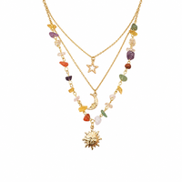 Nouveau collier superposé avec pendentif lune en pierres irrégulières pour femme, style vacances, perles