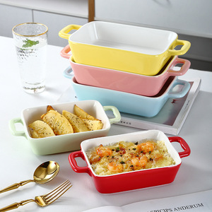 Bandeja para hornear de cerámica, plato rectangular para gratinar, apto para horno microondas, vajilla con doble asa para uso doméstico - Product Image 1