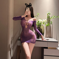Vente chaude À La Main Perle Agrémentée Bodystocking À Manches Longues Découpe Lingerie Mini Robe Intime Vêtements De Nuit pour Les Femmes