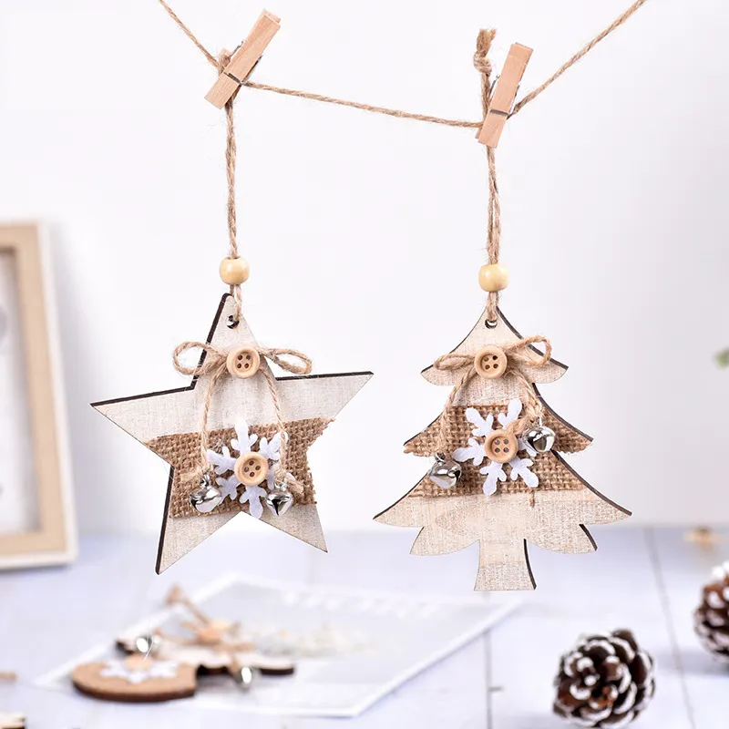 2023 New product wooden Christmas pendant five-pointed star elk house angel love Christmas tree charm Christmas decorations