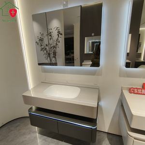 Meuble-lavabo de salle de bain de luxe moderne en bois massif et contreplaqué, suspendu au mur, avec miroir, rangement multi-espaces, double tiroir, personnalisable - Product Image 4