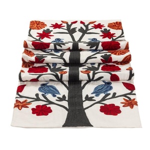 Embroidered Floral Tree Table Runner Cotton Bohemian Style Home Decor Washable - Product Image 1