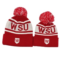 Op maat gemaakte jacquard gebreide muts met geborduurde logo's, strepen, boord en pompon, unisex winter sport team gebreide muts