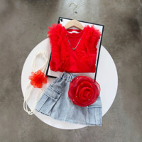Nouvel ensemble d'été pour filles : débardeur élégant en maille sans manches et jupe mi-longue en jean à grandes fleurs