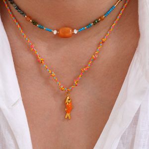 Collier Pendentif Poisson Carpe Style Vintage Original en Acier Inoxydable Émail 3D Effet Goutte d'Huile Cordon Tressé Coloré Bijoux Thème Océan et Plage - Product Image 6