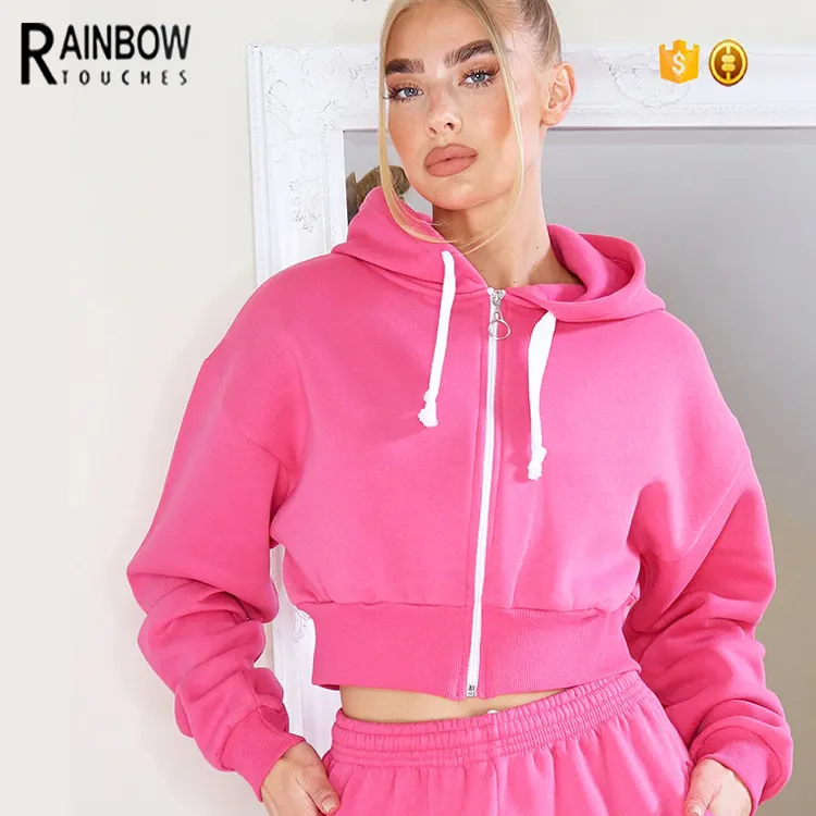Cotton Zip Up Cropped Hot Pink Hoodie For Women