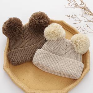西希米双绒球婴儿帽女童秋冬保暖针织男童帽子加厚新生儿儿童毛线帽婴儿配饰 - Product Image 2