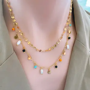 Woying Bohemian phong cách thép không gỉ rìa 18K Mặt dây chuyền hình lục giác sao bóng đèn nhỏ N Vòng cổ