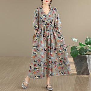 Nouvelle Robe Longue d'Été 2026 en Coton et Lin à Imprimé Floral, Style <span class=keywords><strong>Chic</strong></span> Français, Taille Haute Nouée, Grande Taille, Vente en Gros - Product Image 5