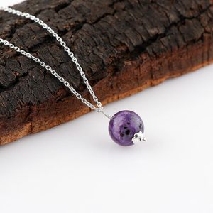GEMKORA Collar con colgante redondo de charoita natural, piedra de cristal pulida, cadena de plata, joyería unisex para uso diario - Product Image 3