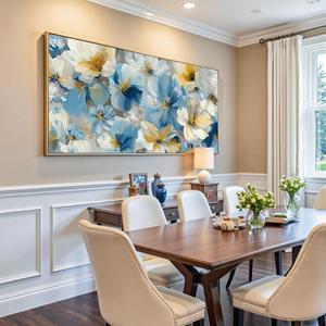 Stampa su Tela Floreale, Dipinto di Fiori Blu e Gialli, Arte Murale Floreale Astratta, Decorazione Moderna per Soggiorno, Grande Dipinto Incorniciato - Product Image 4