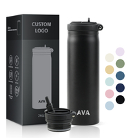 Bouteille d'eau isotherme 24 oz à double paroi en acier inoxydable, thermos sous vide sans BPA, avec couvercle à paille pour le sport et les voyages