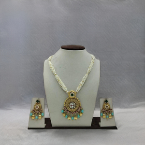 Traditional Indian Pearl <b>Necklace</b> <b>Set</b> with Gold Pendant Green Red Stones and Matching Earrings Ethnic Bridal Jewelry - Product Image 3