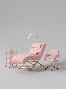 Luxury Pink Lash <b>Bed</b> Recliner Chair Set with Half Moon <b>LED</b> Floor Light Rolling Trolley and Technician Stool for Eyelash - Product Image 3