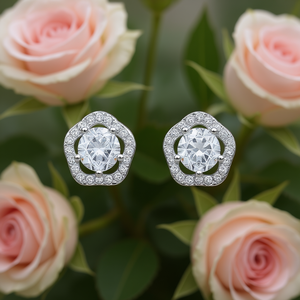 Orecchini a Perno Classici con Fiore, Zircone Taglio Brillante Rotondo con Montatura a Griffe, Placcati in Oro Bianco su Rame, Gioielli da Sposa da Donna E783 - Product Image 2