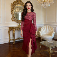 ZYHT 50606 Nouvelle Robe Femme Printemps Col Rond Rouge Foncé Ornée de Strass Coupe Évasée avec Dentelle Volants et Fente Haute