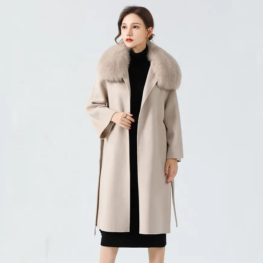High Quality Winter Fashion Korea Women Long Lamb Wool Coat With Fox Fur Collar