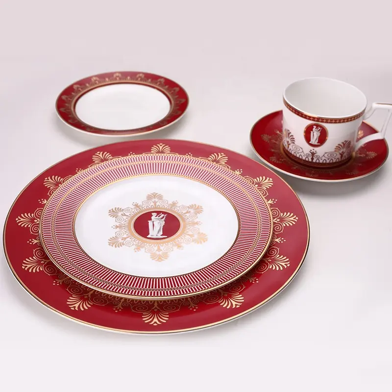 Royal luxury red dinner plates ceramic hotel bone china serving plates