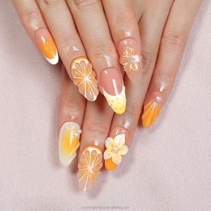 Uñas Postizas de Verano a la Moda, <span class=keywords><strong>Manicura</strong></span> 3D con Simulación de Flor <span class=keywords><strong>Naranja</strong></span>, Uñas Postizas Cortas Ovaladas Hechas a Mano - Product Image 1