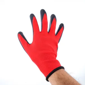 13G sarung tangan kerja lapisan nitril hitam poliester merah grosir sarung tangan kerja dilapisi nitril tahan aus