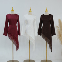 Übergröße Damen Bescheidenes Zweiteiler-Set Langarm Asymmetrisches Spitzen-Patchwork Tunika-Oberteil und Maxirock Muslimisches Outfit
