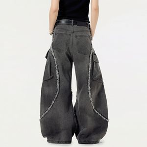 Jean en denim coupe bootcut unisexe, surdimensionné, à franges et patchwork, vintage, taille mi-haute, délavé moyen, ODM, été hiver, style urbain - Product Image 2