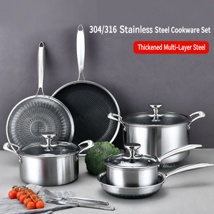 Ensemble de casseroles en acier inoxydable 304, wok antiadhésif multicouche en nid d'abeille avec couvercle en verre pour cuisinière à gaz et à induction - Product Image 1