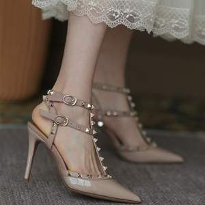 Sandales à talons hauts d'été pour femmes, chaussures à talons hauts de luxe cloutés pour femmes, sandales à talons hauts crayon, <span class=keywords><strong>pantoufles</strong></span> à pompe, nouveau Design 2023 - Product Image 1