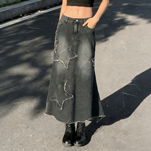 2025 Autumn Winter Y2K Distressed Vintage Casual Loose Women's Denim Skirt <b>Light</b> Eco-Friendly Waterproof Raw Hemline <b>Star</b> Waist - Product Image 2