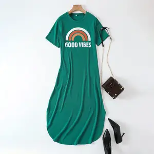 Western Vintage Rainbow Letter Printed Short Sleeve Loose Maxi Side Slit Dress For Summer 2024