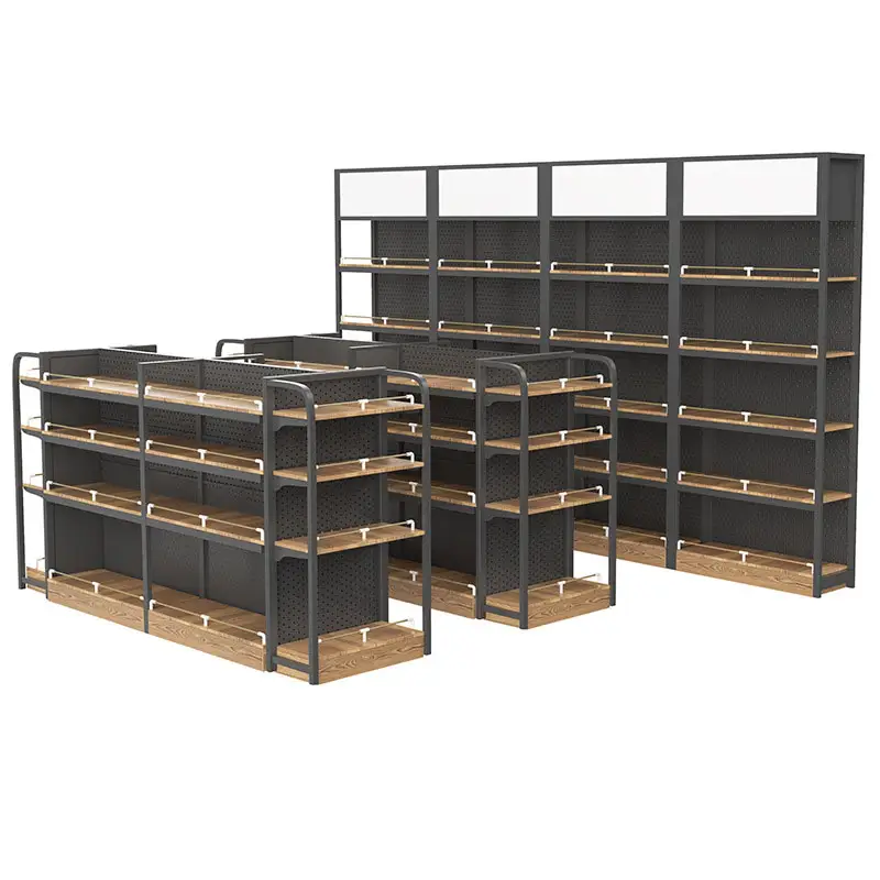 Supermarkt Regale Convenience Store Snacks Display Rack Tabak Hotel einseitige doppelseitige Vitrinen aus Stahl und Holz