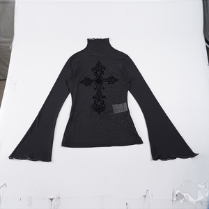 Top de manga larga de malla transparente con estampado cruzado sexy para discoteca, top único de cuello simulado y manga acampanada para chica atrevida - Product Image 6