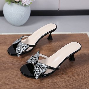 1138 New Products Hot Selling European and American Bow Diamond High Heels Cross Border Sexy Thin Heels Fashion Cool <b>Slippers</b> - Product Image 5