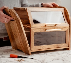 Contenitore per Pane <span class=keywords><strong>in</strong></span> <span class=keywords><strong>Legno</strong></span> di Acacia a 2 Livelli, Quadrato, con Finestra Trasparente e Coperchio Ventilato per Piano Cucina - Product Image 1