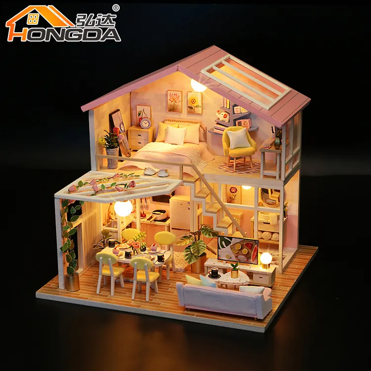 Hongda DIY dollhouse kiti minyatür oturma odası mobilya moda bebek mobilya ışık ve müzik ile