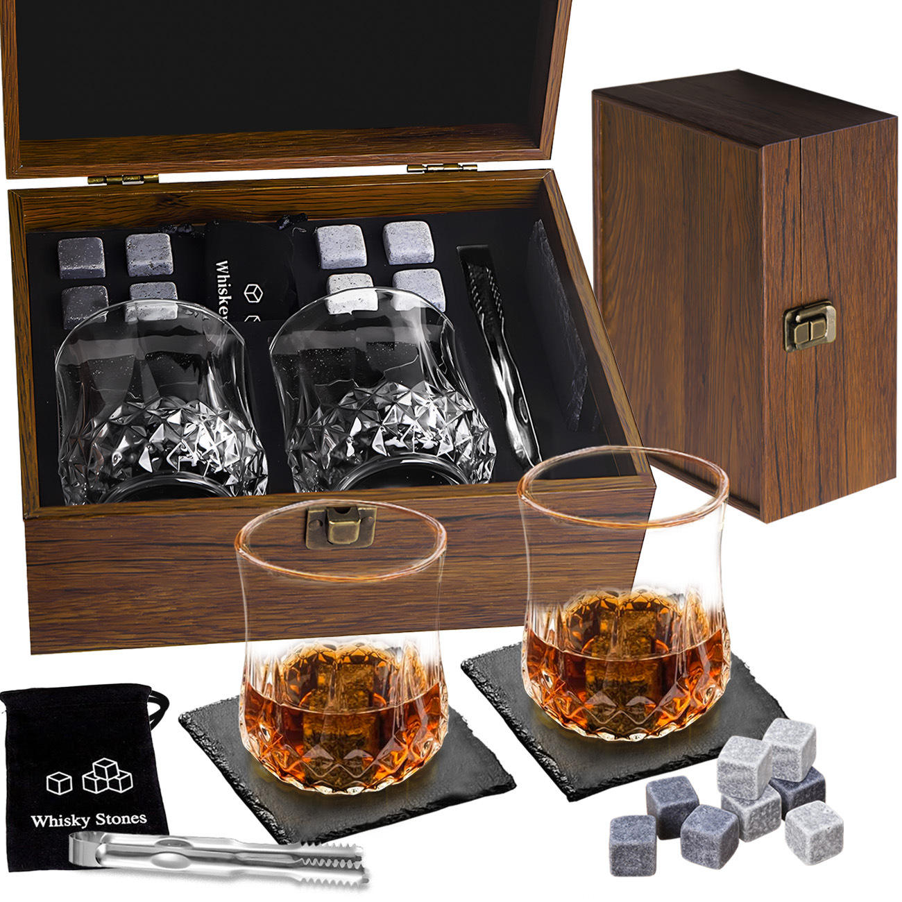 Boîte en séquoia 2 tasses 8 pierres (sous-verre en ardoise avec coupe en diamant étoile)