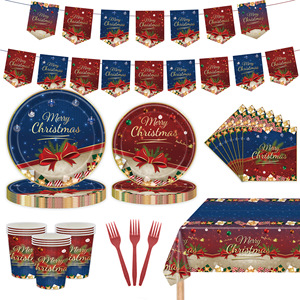 Christmas Round <b>Paper</b> Plates 60-80 Pcs Deep Blue <b>Red</b> Design With Ornaments And Bow For Holiday Party Tableware - Product Image 5
