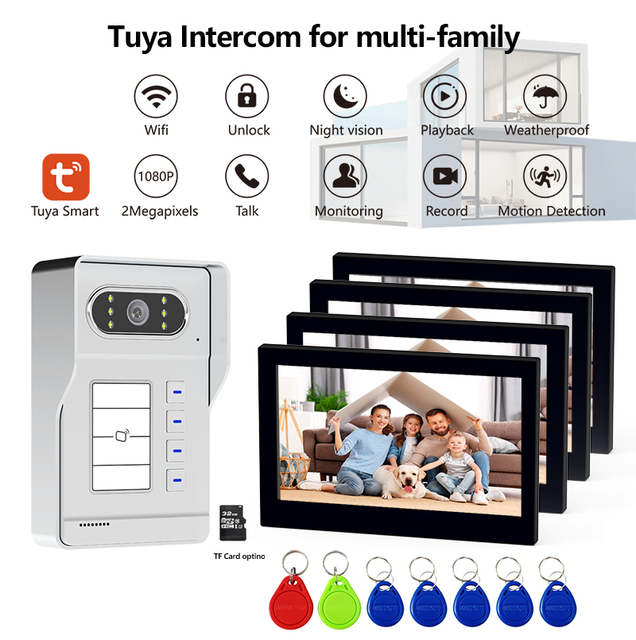 4 WiFi Tuya TCP Video Doorbell Kits Wired IR Outdoor Camera 7 Inch Monitor Video Intercom System Supporting ID Unlock Water