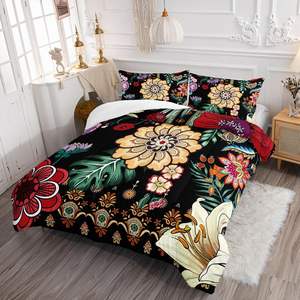 Ensemble de couettes 3 pièces de style ferme bohème moderne en microfibre polyester jetable noir imprimé fleurs Paisley - Product Image 2