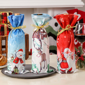 Sacs cadeaux pour bouteilles de vin de <span class=keywords><strong>Noël</strong></span>, sacs du <span class=keywords><strong>Père</strong></span> <span class=keywords><strong>Noël</strong></span>, imprimés <span class=keywords><strong>Père</strong></span> <span class=keywords><strong>Noël</strong></span>, bonhomme de neige, renne, polyester, écologiques, réutilisables, ruban doré, pour les fêtes - Product Image 1